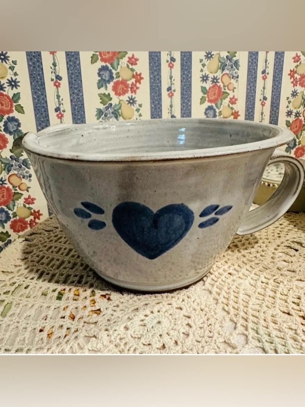 Vintage NC Pottery EggGlaze
Blue Heart 1987
Signed Owens Mixing Bowl farmhouse